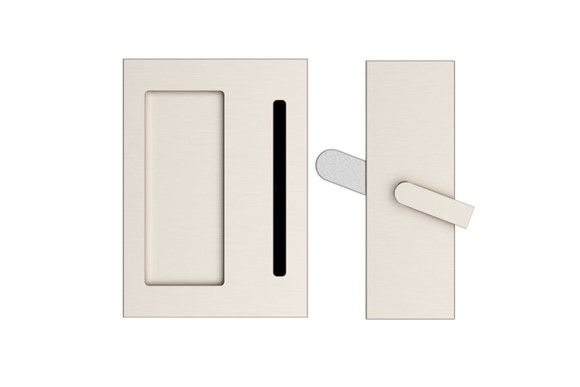 Modern Rectangular Barn Door Privacy Lock and Flush Pull with Integrated Strike